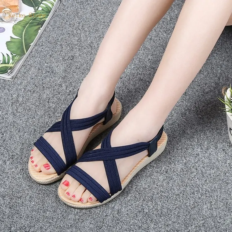 

Women's Sandals Summer New 2021 Simple Flat Sandals Solid Color Elastic Band Roman Sandals plus Size Slippers Soft Bottom