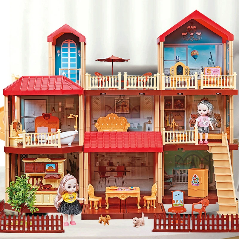 

New DIY Princess Doll House Big Size Pretend Toys Pink Handmade Construction Castle Dollhouse Suit Christmas Gifts for Girls