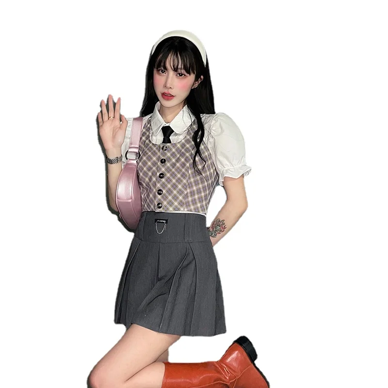 

Japan street JK uniform gray pleated skirt female summer little hot girl short skirt plaid vest college style Three-piece suit