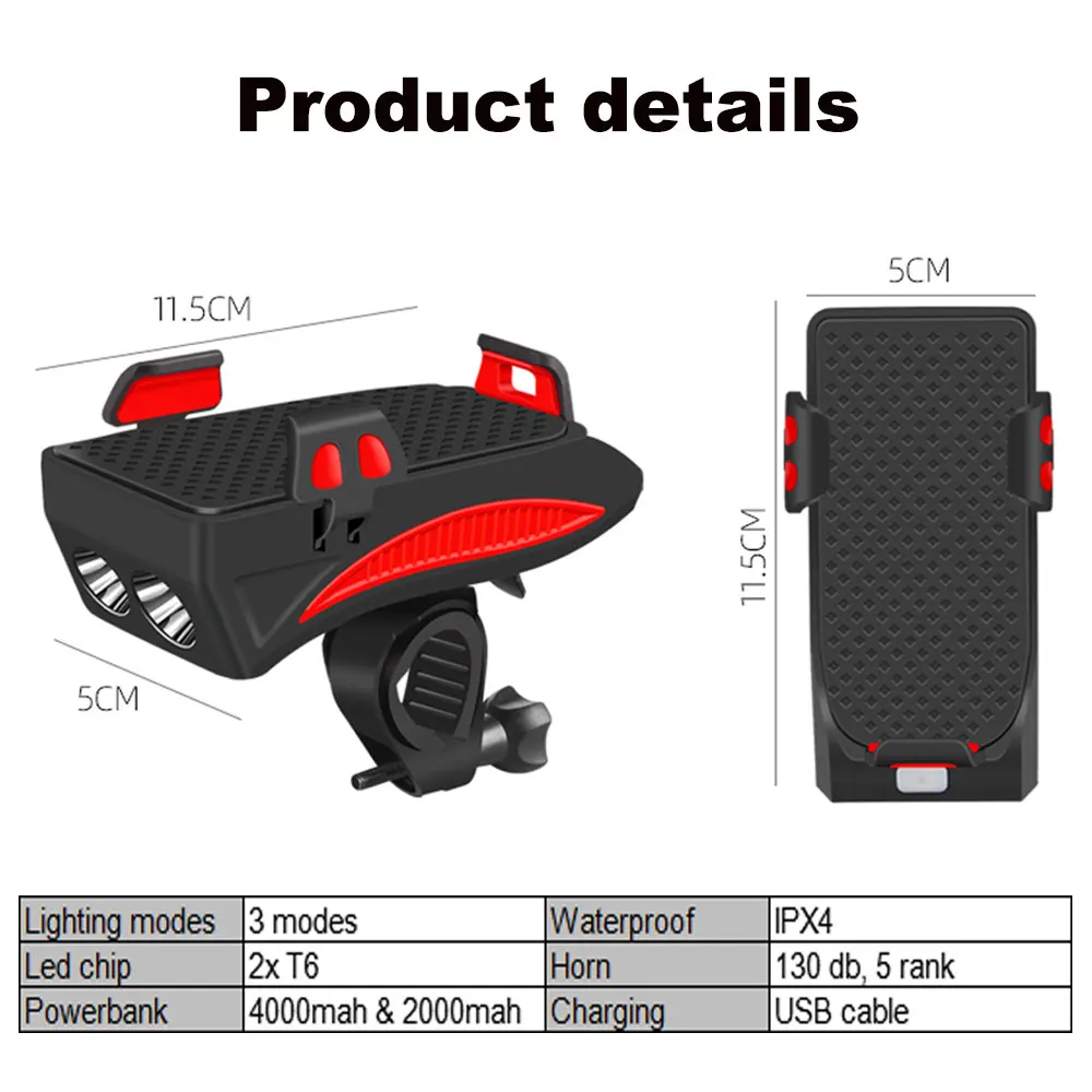 

Multifunction Bike Light With Phone Holder Bicycle Highlight 2000mAh Power Bank Cycling Flashlight LED Headlight Horn