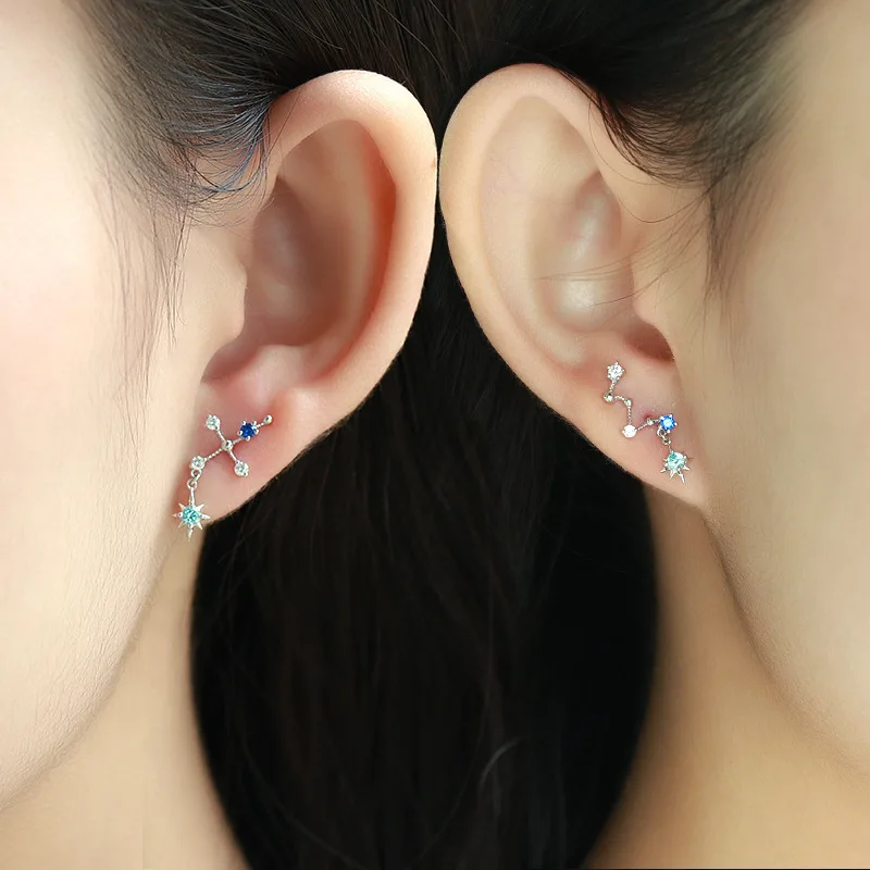 Trendy 9K Pure Real Yellow Gold Big Dipper Star Pierced Earrings for Women Girl Fancy Solid Stud Fine Engagement Jewelry Gift