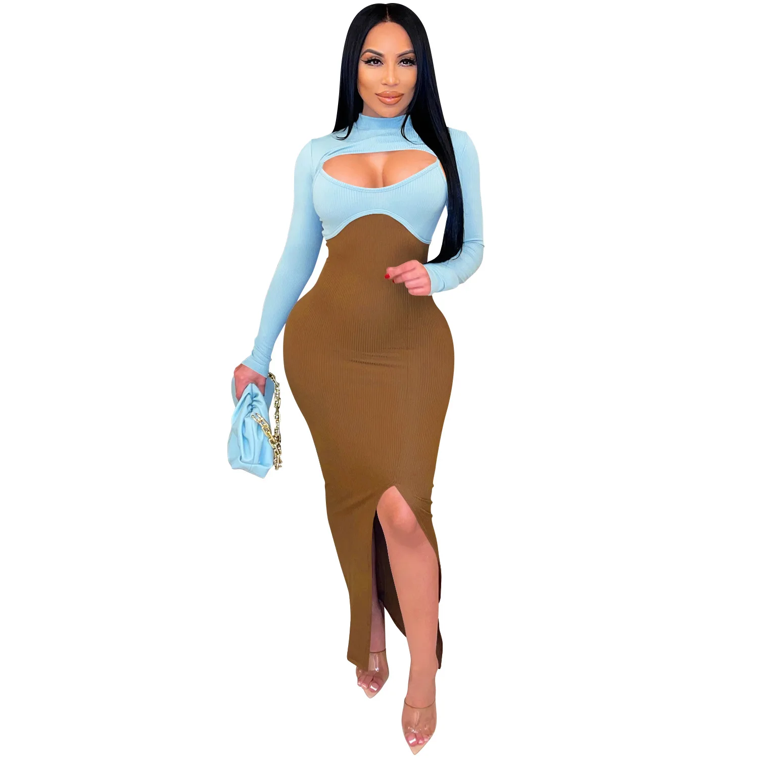 

Women Patchwork Color Long Sleeve Dress Girls High Slit Hollow Out Turtleneck Women's Clothing Vestidos Maxi Dresses