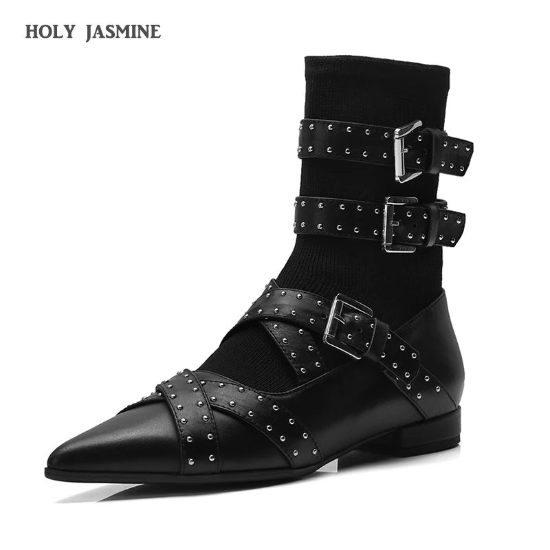 2019 новые заклепки Искусственная кожа ботинки с ремешком и пряжкой толстый каблук