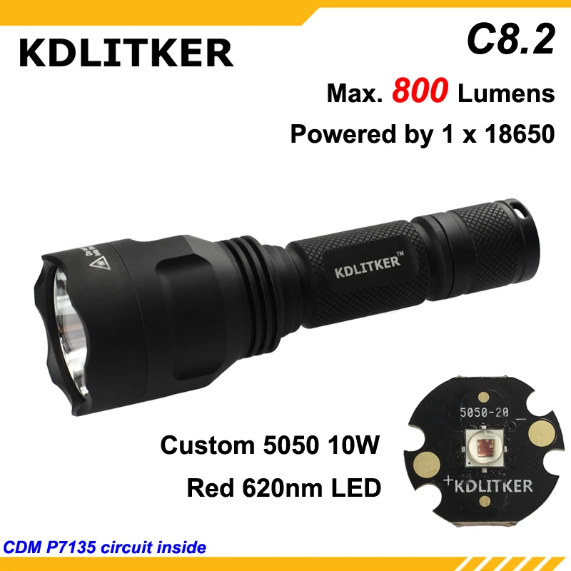 KDLITKER C8.2 цветной красный 620nm 800 люмен Кемпинг Охота светодиодный фонарик черный