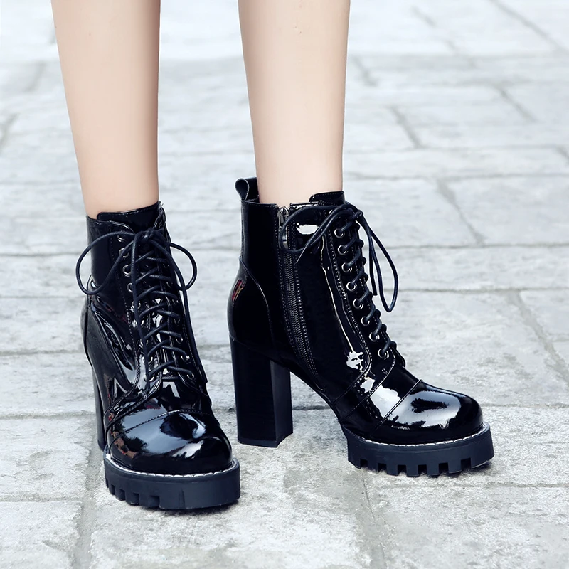 

QZYERAI European American Fashion Round Toe Zipper Shoes Super High Thick Heel Leather Ankle Boots Womens Platform Heels