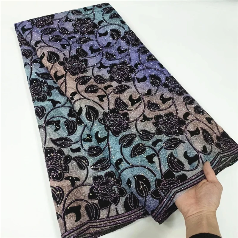 

African Lace Fabric With Rhinestones French Lace Mix Velvet Fabric Embroidery For Women Dress 5Yards