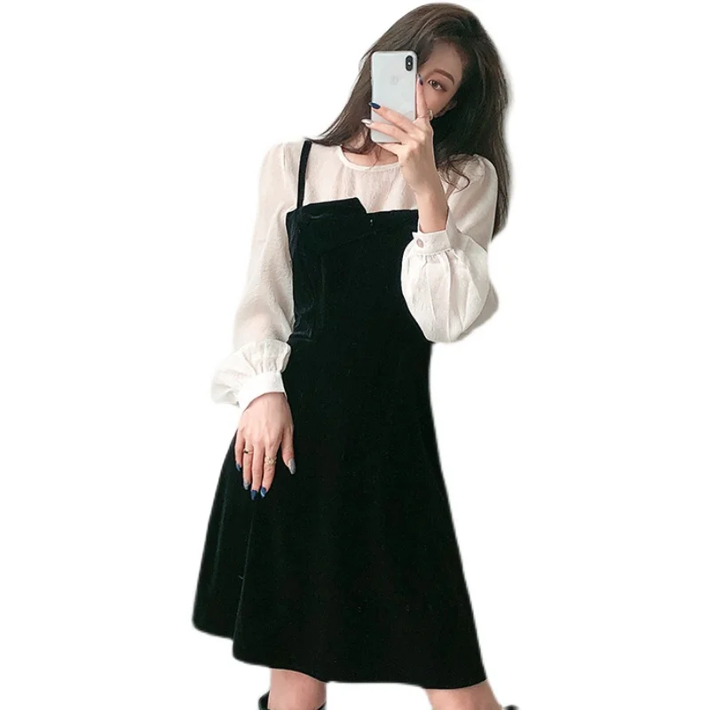 

COIGARSAM Patchwork Women Long dress New Spring Full Sleeve Spaghetti Strap Dresses Red Black 2438