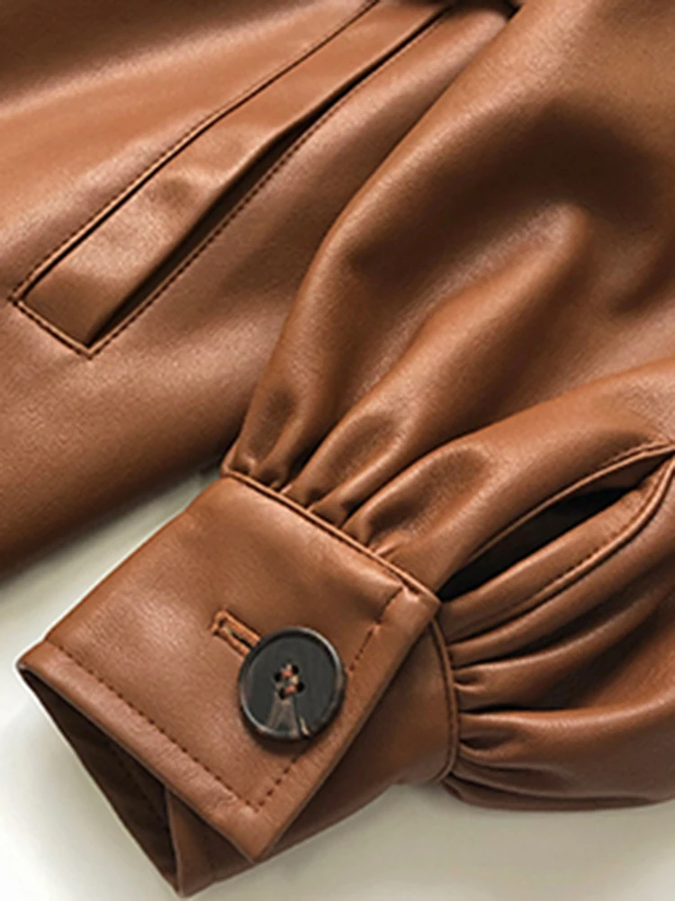 

Lautaro Autumn Oversized Long Brown Leather Trench Coat for Women Lantern Sleeve Belt Luxury Designer Clothing Raincoat 2021