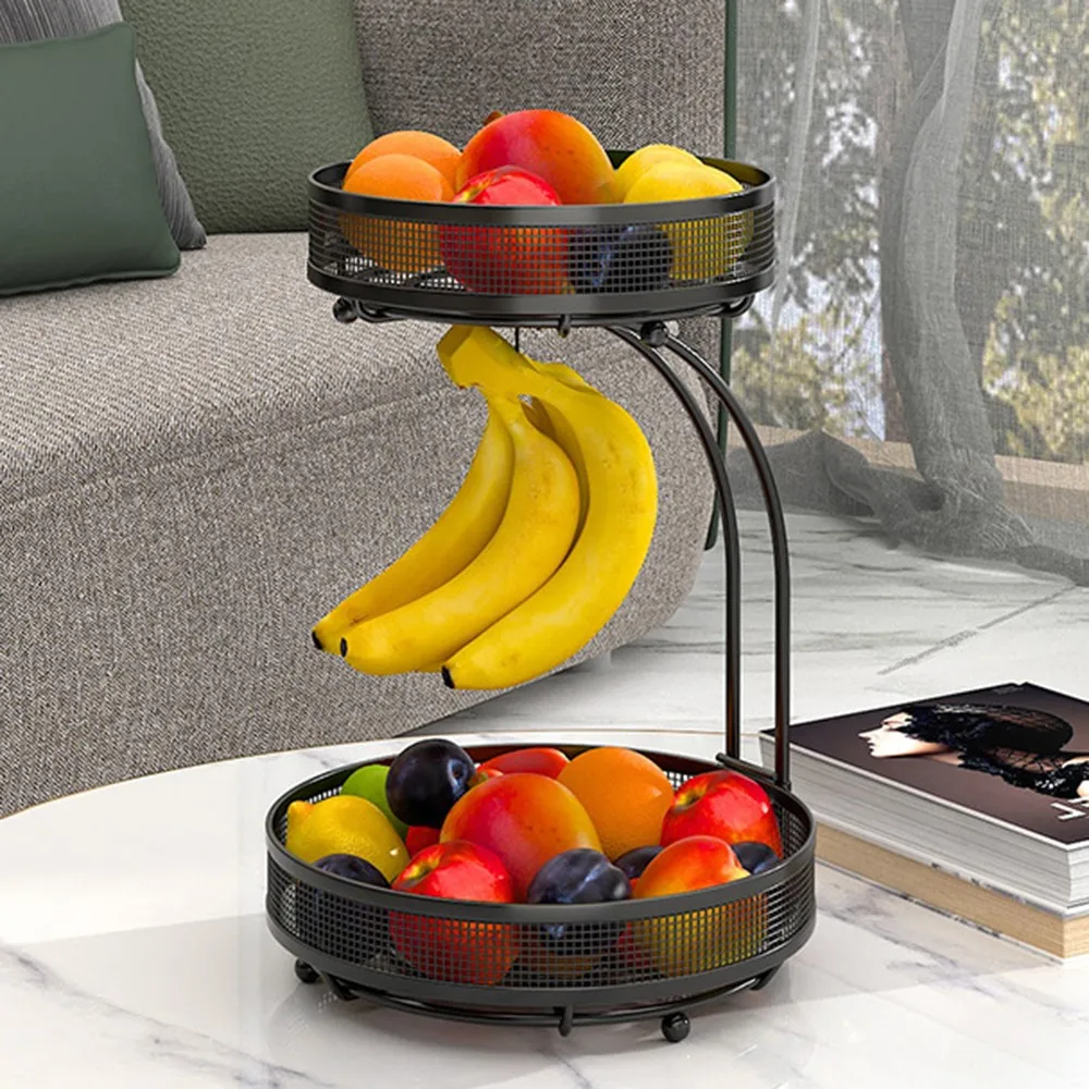 

Fruit Basket with Banana Hanger 2 Tier Metal Detachable Vegetables Bowl Storage Breads Holder Stand for Kitchen Countertop
