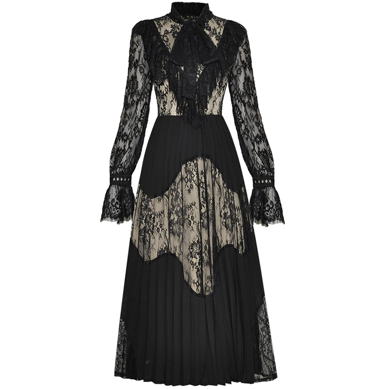 

High Quality 2022 Spring Autumn New Women's Designer Vintage Fashion Party Vacation Elegant Black Lace Long Sleeves Midi Dress