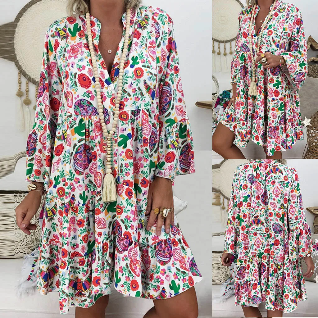

Summer Ladies Loose Quarter Mini Three Print Dress Dress Women's Sleeve Women's Dress