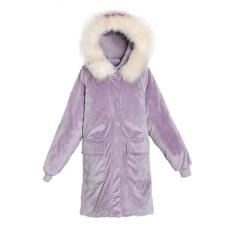 

Women Fur Collar Long Hooded Oversize Velour Winter Down Jacket Thick Warm Jacket Cotton Padded Wadded Parkas 3D Big Pocket
