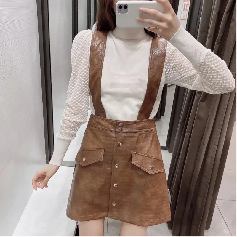 Women Faux Leather Dress Fashion Streetwear PU Soft Animal Print Overalls Autumn High Waist Lady Strap Mini | Женская одежда