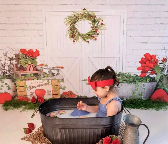 

Mehofond Valentine's Day Photography Background White Brick Wall Strawberry Red Roses Flowers Baby Backdrop Photo Studio Props