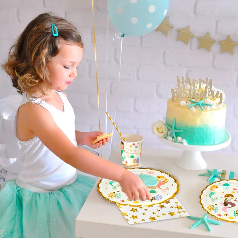 Золотые Foli Русалочка одноразовая посуда бумажная салфетка под тарелку кружку