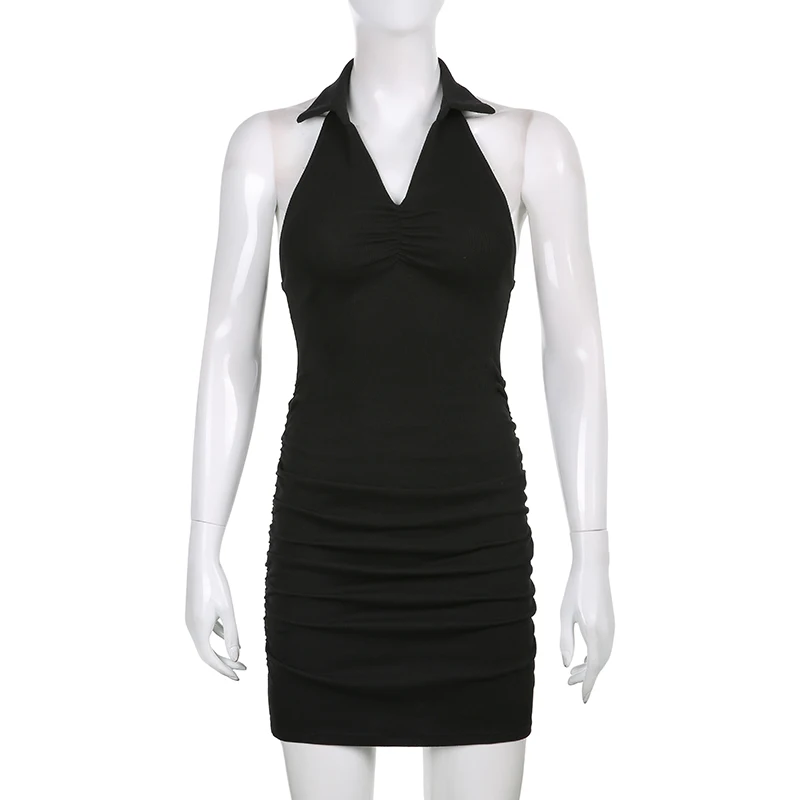 

Sexy Ruched Flods Black Solid Mini Halter Dress Women Casual Backless Slim Wrap Bodycon Party Dresses Beach Clubwear Iamhotty