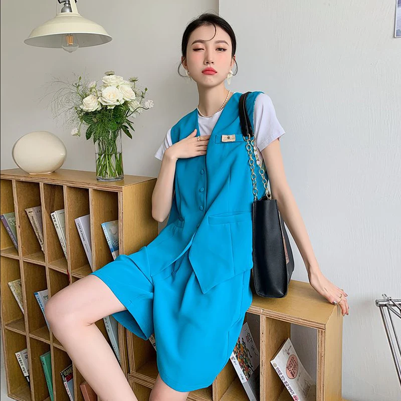

XIZIHUPAN Blue Casual Two Piece Set For Women V Neck Sleeveless Patchwork Top High Waist Loose Shorts Minimalist Sets Female New
