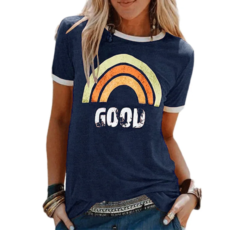

T Shirt Ladies Women Summer Letter Rainbow Printing Casual Short Sleeve Shirt O-Neck Casual Top Tee Ropa Mujer Vetement Femme