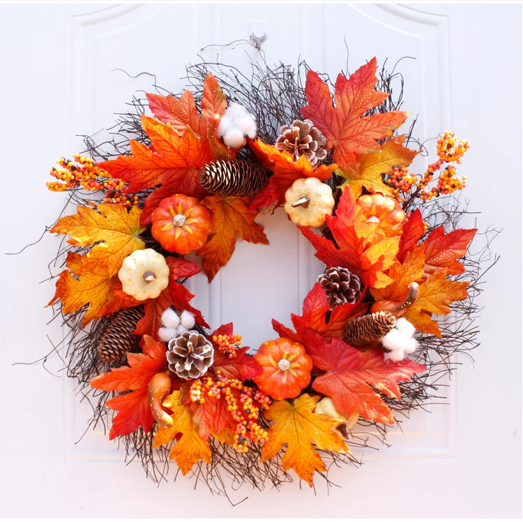 

55cm Autumn Pumpkin, Maple Leaf Wreath, Thanksgiving Halloween Door Decoration Wedding home decor