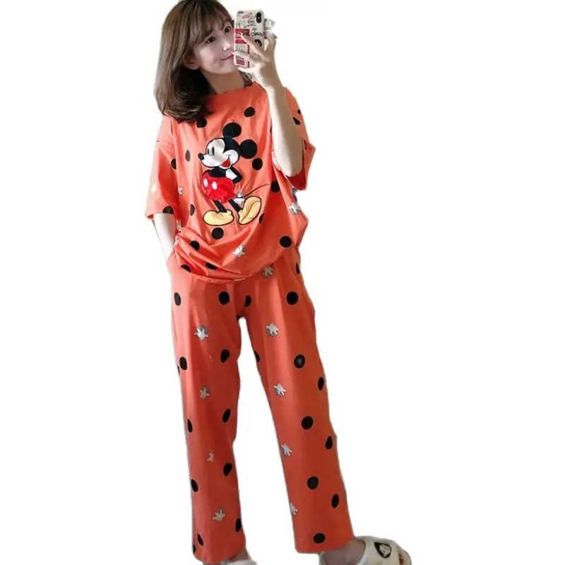 5 Colors Disney Cartoon Mickey Mouse Print Polka Dot Women's Summer Suits Casual Soft Nightgown Women Loose Home Wear Pyjama