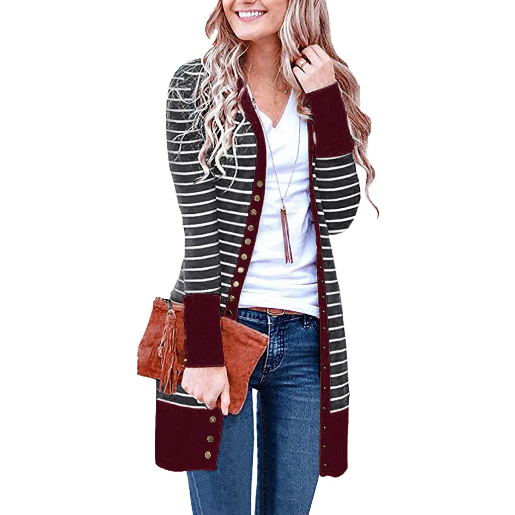 Womail Fashion Women Casual Blouse Coat Long Sleeve Stripe Patchwork Button Striped Cardigan | Женская одежда