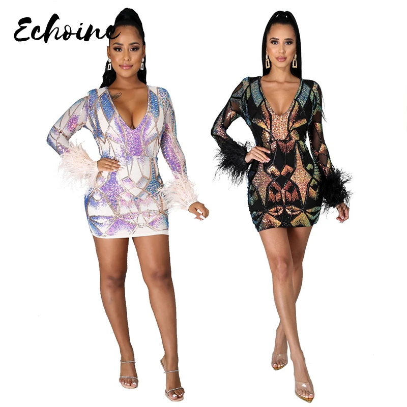 Женское сексуальное платье с блестками и перьями для ночного клуба вечерние нее