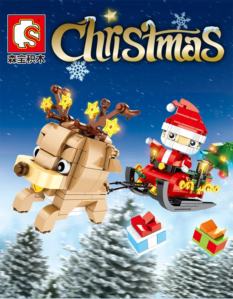 Рождественская игрушка сембо блок Санта Клаус сани северный олень поезд