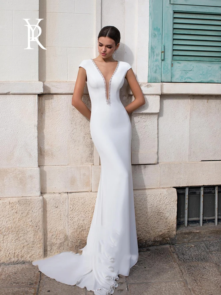 

YILIBER Mermaid wedding dress chiffon v-neck simple wedding gown hand drill skirt plus size