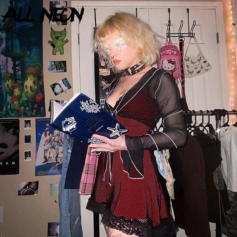 ALLNeon ажурная кружевная отделка E-girl уличная одежда пикантные с открытой спиной