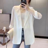 loose style chiffon blazer women white suit top summer v neck thin cool women casual jacket office lady candy colors