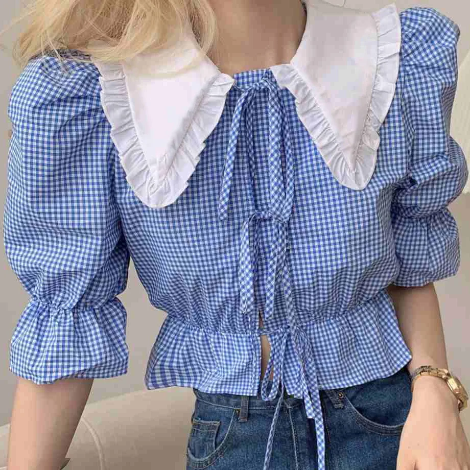 

Blouses Women Blue Plaid Leisure Temperament Cropped Tops Chic College Ins New Ulzzang Simple Design Retro All-match Streetwear