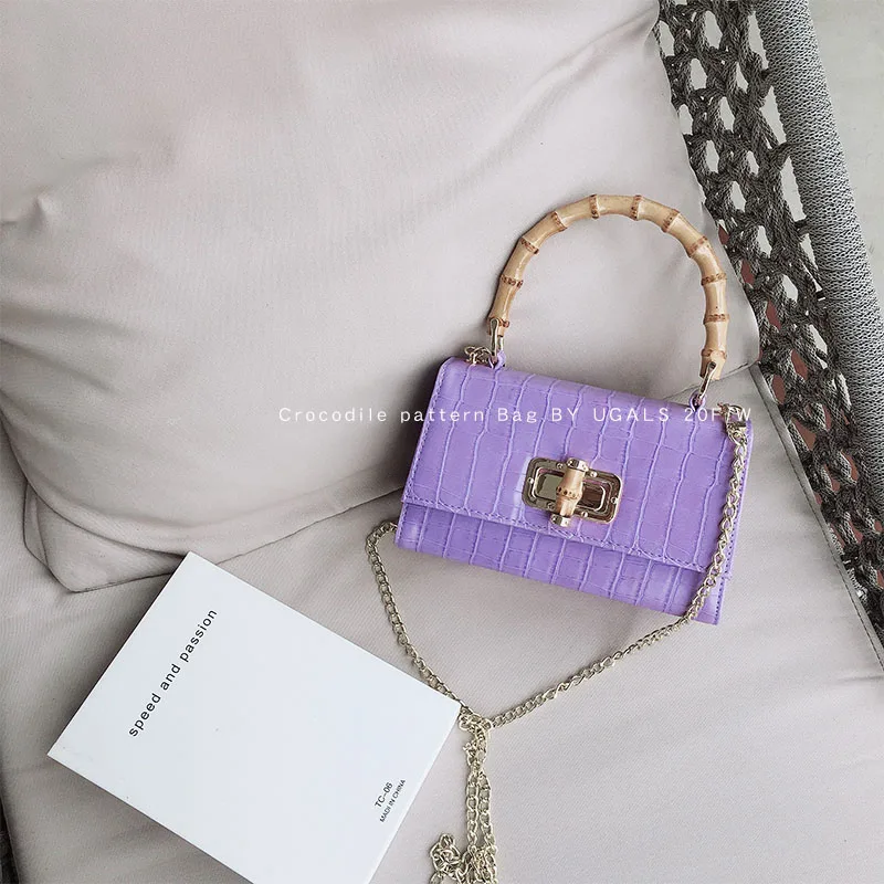 

NEW Bamboo Handle Crocodile Pattern Bag Portable Lady Vintage Handbag Leather Ladies handbag Messenger Shoulder Bag Female