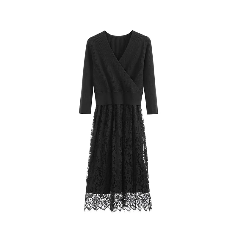 

Black High Waist Slim Lace Stitching Sweater Dress Spring Autumn Women Robes V-neck Midi Elegant Party Dresses T8523