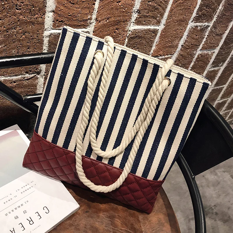 

Belvah Striped Bucket Pocket Canvas Patchwork Single Shoulder Bag for Women 2021 New Luxury Handbags Sac De Luxe Femme Satchel