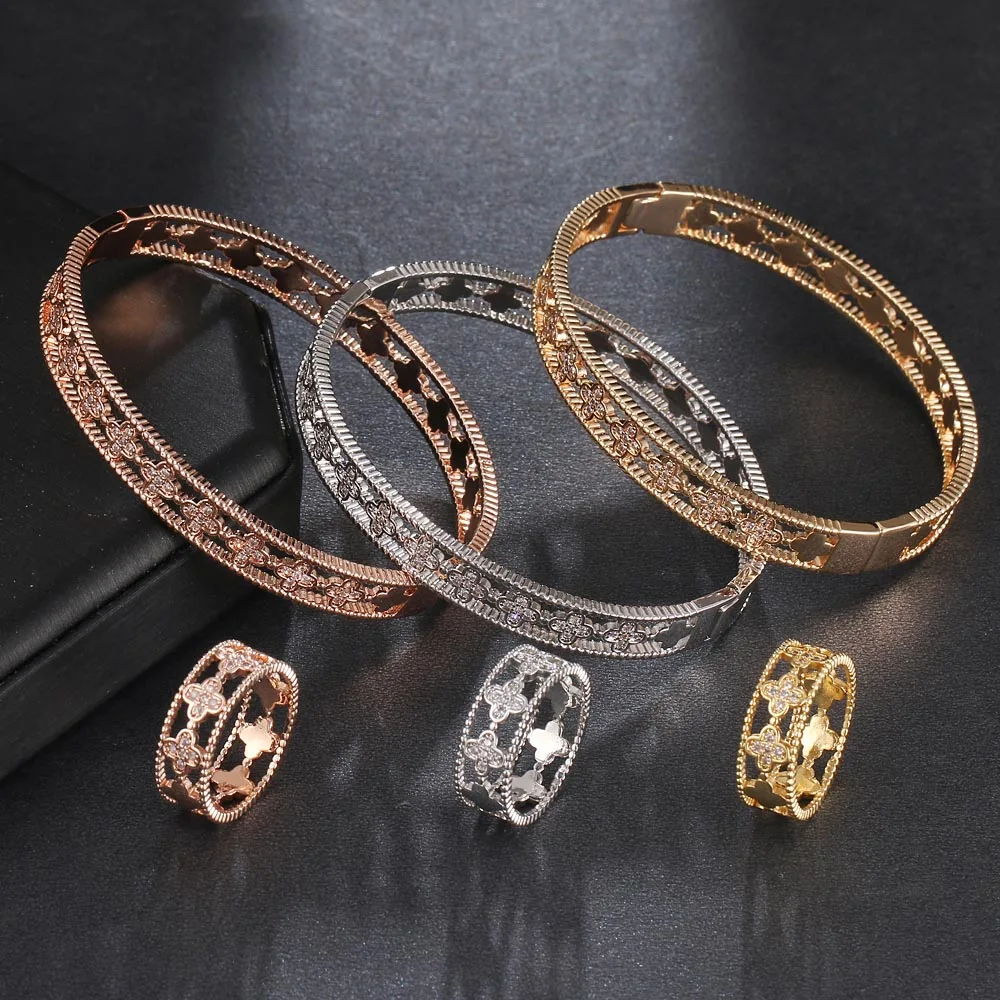 

Women's flower bracelet ring two piece set high quality zircon plant flower hollow design jewelry 2pcs set