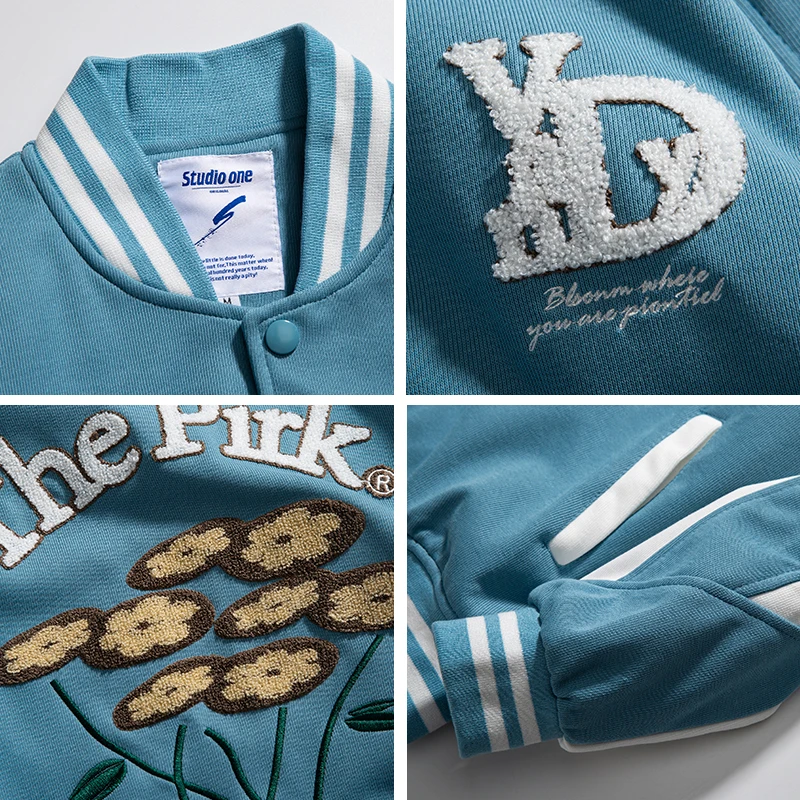 

Hip Hop Baseball Jacket Men Women Furry Embroid Flowers Letter Oversize Varsity Jackets Unisex Streetwear Vintage Bomber Coat