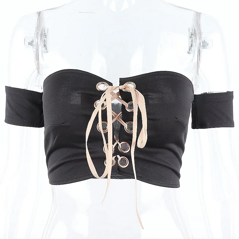 

Y2K EGIRL Mall Goth Off Shoulder Lace-Up Croset Tops E-girl Aesthetics Backless Bandage Black Short Sleeve T-shirt Sexy Crop Top