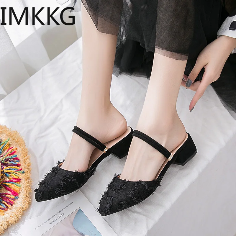 Шлепанцы женские без задника заостренный носок бахрома сланцы лоферы квадратный