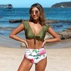 Бикини CUPSHE с высокой талией, зеленый и белый цветочный принт, сексуальный купальник из двух предметов с бантом и купальник с узлом, женский пляжный купальник 2021