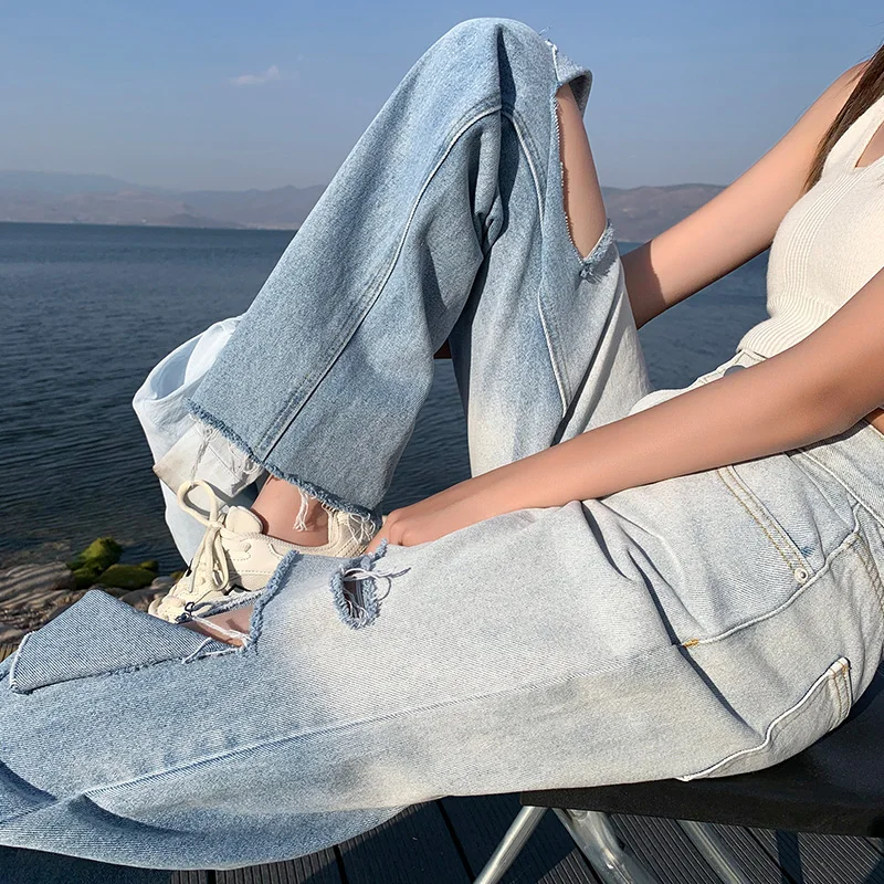 

Korejepo Women Ripped Jeans 2021 Summer New Street Style Casual High Waist Slimming Gradient Color Straight Loose Wide-leg Pants