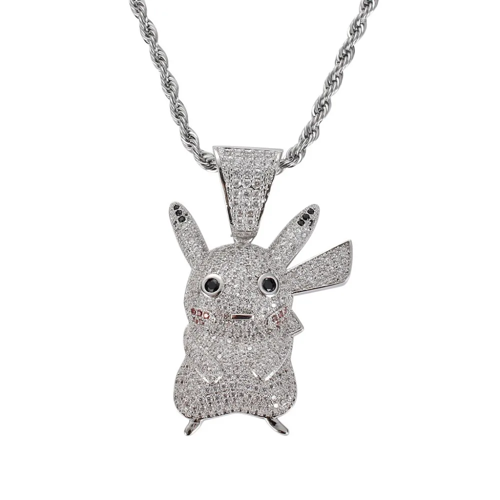 Хип хоп AAA CZ камень Bling Ice Out серебряный цвет мультфильм Пикачу кулоны ожерелья для