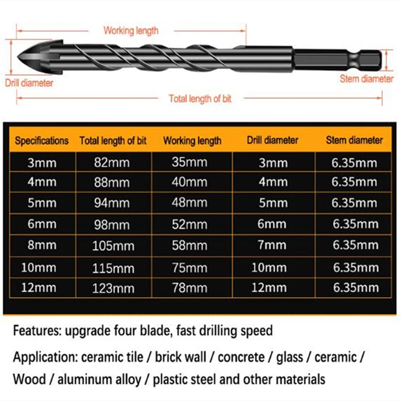 

JR Hexagonal shank spiral flute four-blade cross drill bit cement wood ceramic glass perforation drilling alloy triangle drill
