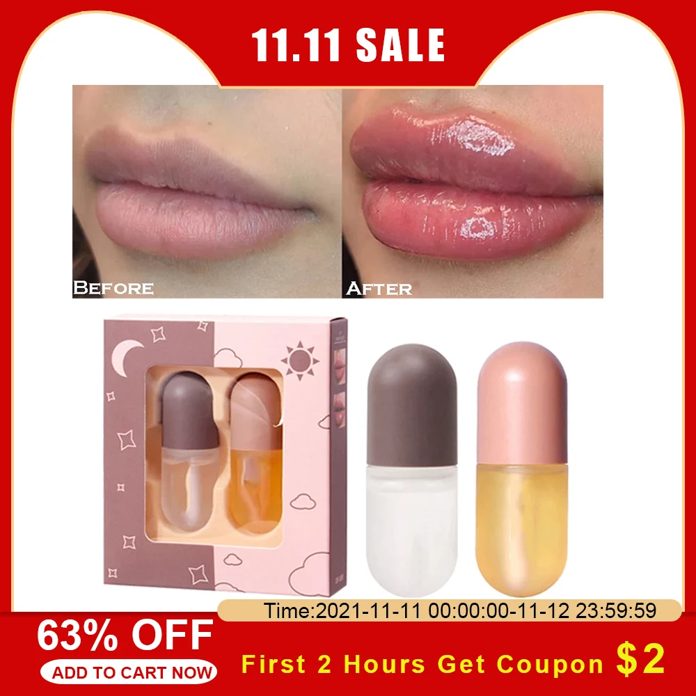 

2pcs Instant Volumising Makeup Lips Plumper Long-lasting Moisturizing Nursing Lip Oil Reduce Lip Fine Lines Plump Serum