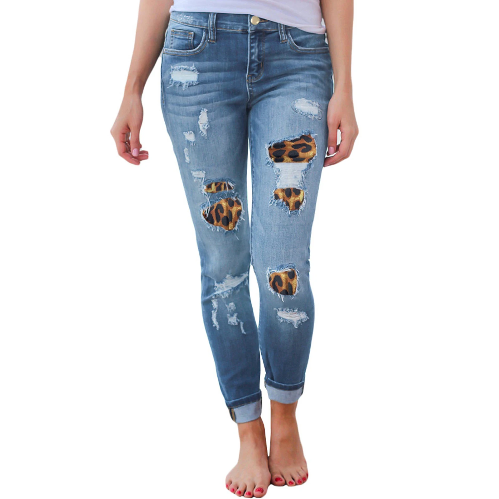 

Women Skinny Ripped Jeans, Mid Waist Leopard Plaid Print Patchwork Destroyed Slim Fit Denim Pants