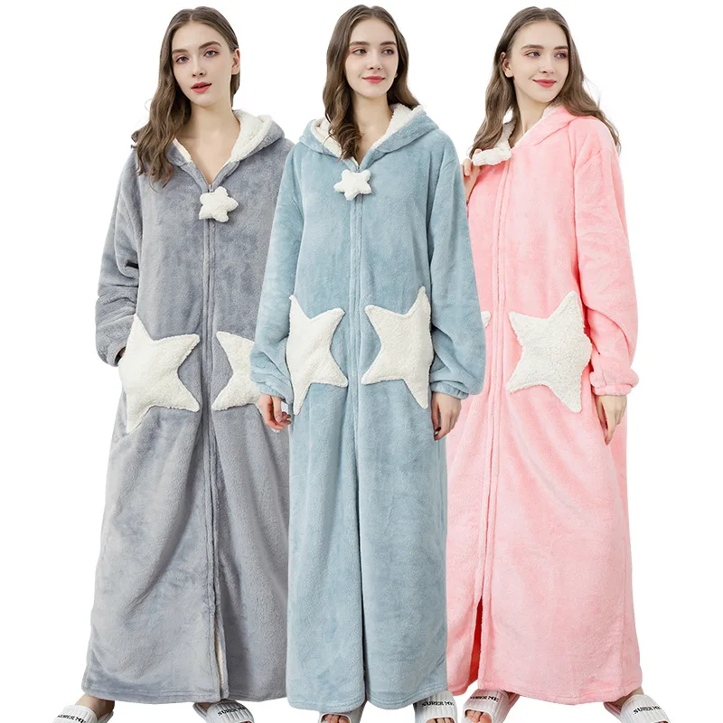 

Flannel Thick Bathrobe Female Nightgown Moon Pocket Sleepwear Men's Women's Warm Lengthen Homewear Hooded Robe Couple Nightwear