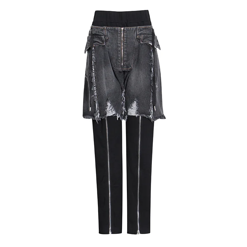 

Chao brand new fashion temperament street high waist front zipper personality denim wide leg pants women