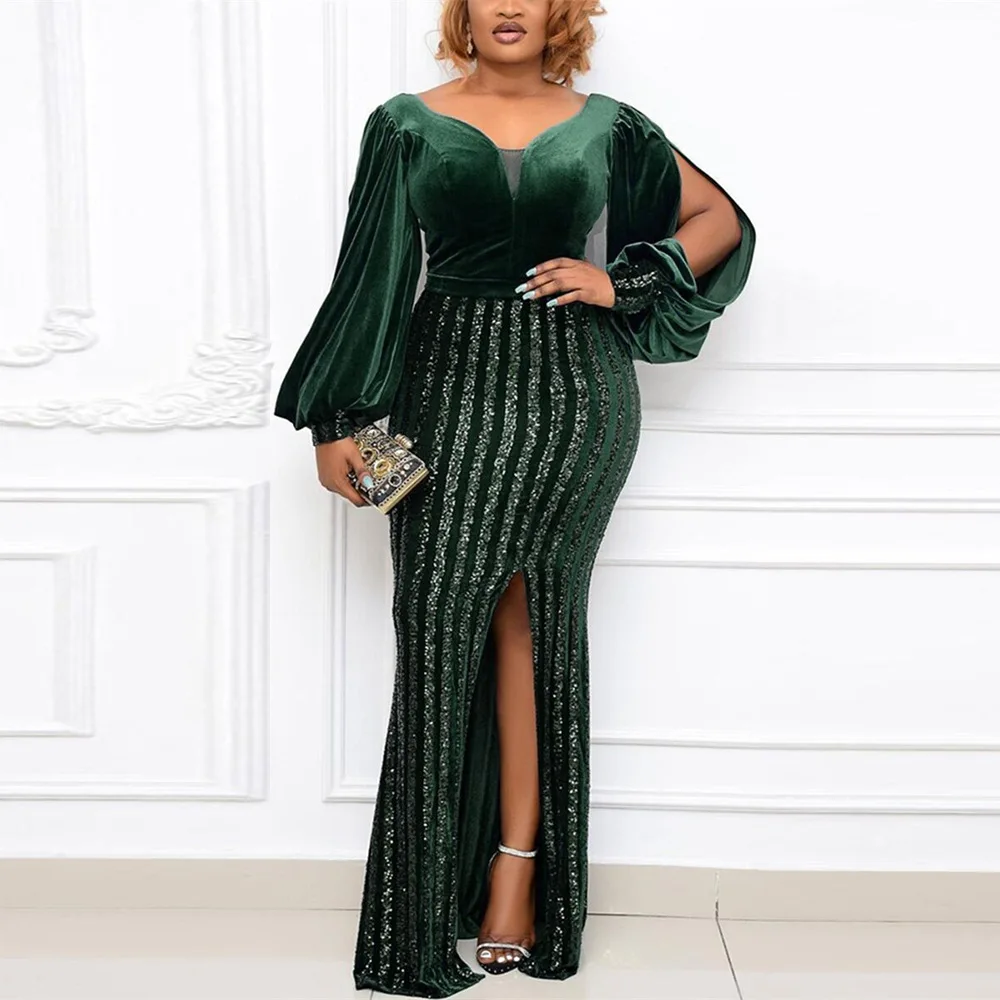 

Sexy Velvet Banquet Evening Party Dress 2021 V-Neck Long-Sleeved Waist Split Long Dresses Sequin Irregular Plus Size Dress