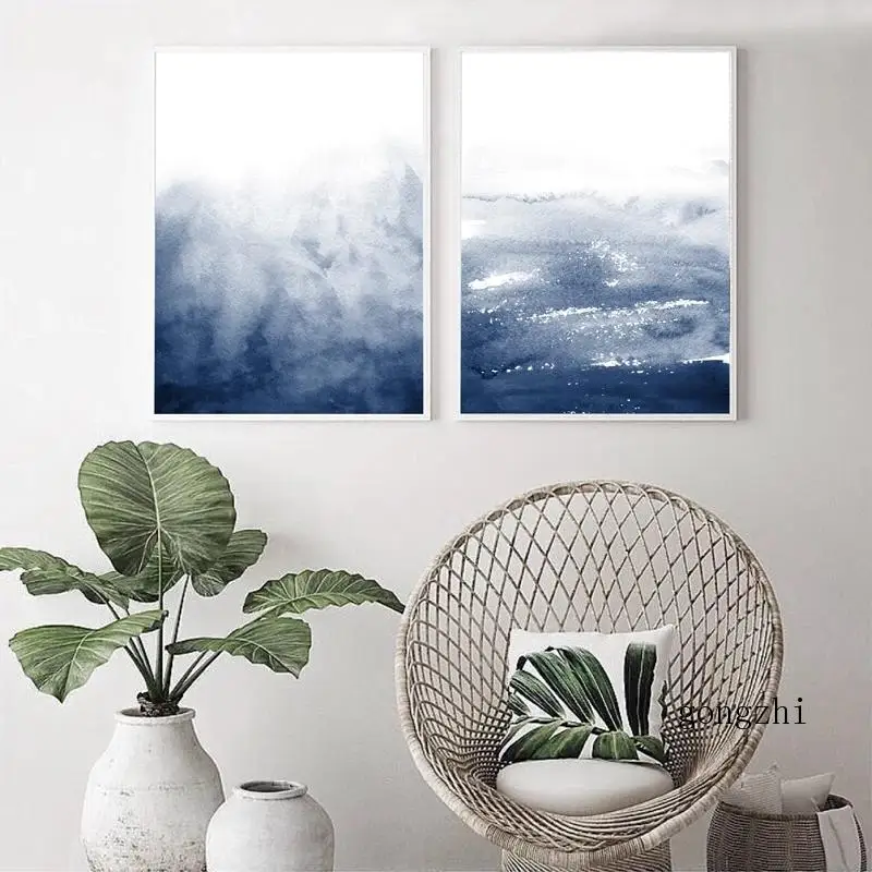 Темно-синие акварельные принты абстрактная картина Индиго художественные