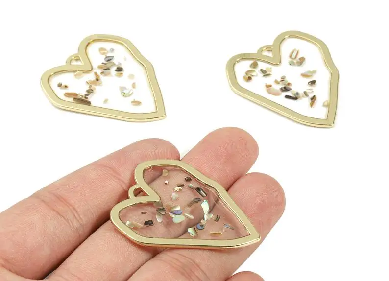 

Alloy Heart Charms With Mini Shells - Glass Heart Necklace Pendant With Mini Shells - 2Pcs/Lot - 39.92x34.73x1.5mm - ZZ1584