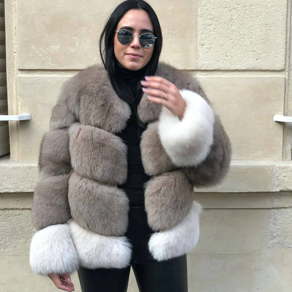 Women Fashion Genuine Fox Fur Jacket Round Collar Color Patchwork Whole Skin Real Fox Fur Coat Thick Warm Fur Overcoat Luxury enlarge
